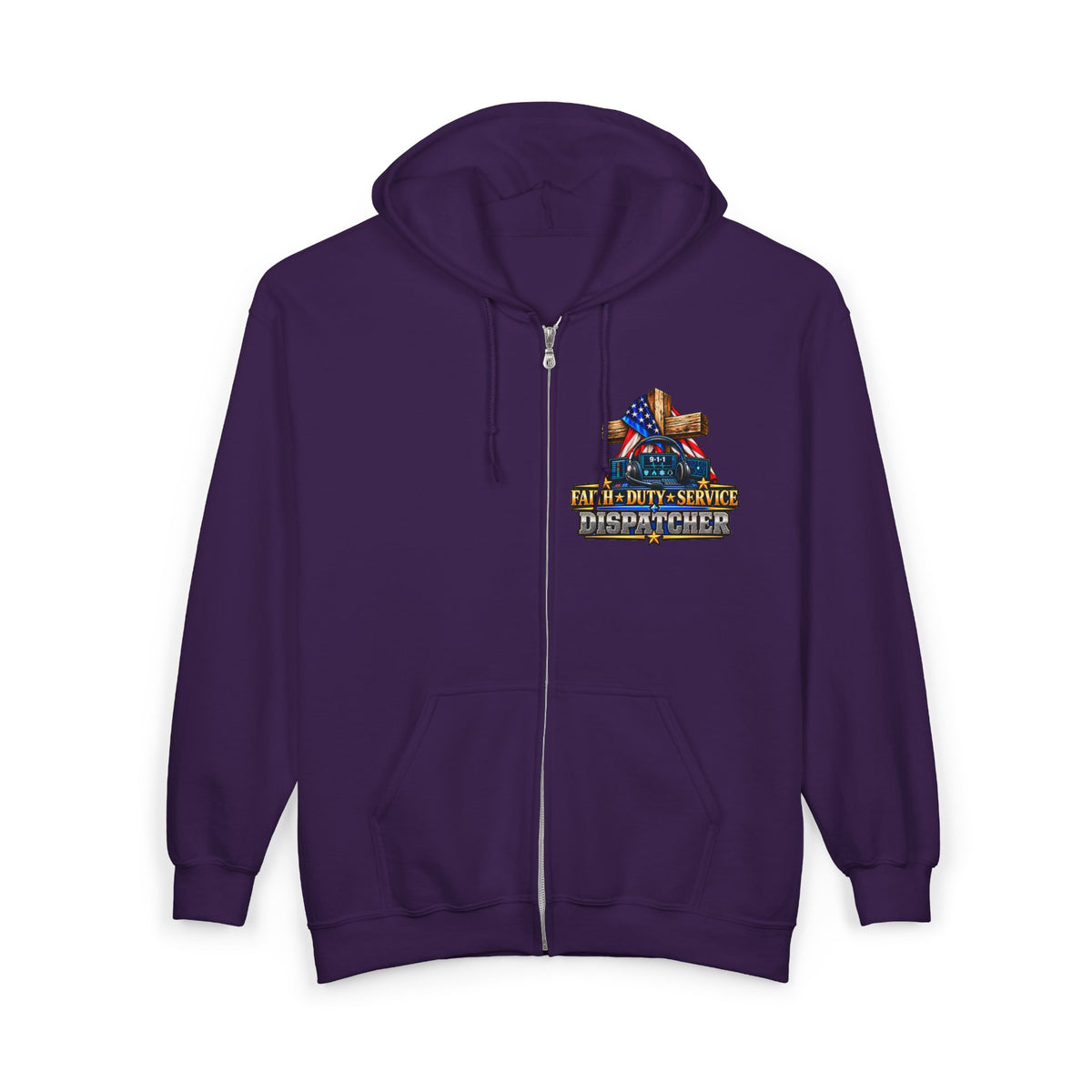 -1-1 Dispatcher_White Male_ Flag & Cross Full-Zip Hoodie – American Flag, ‘Stand & Kneel for the Cross’ Back Graphic_WF