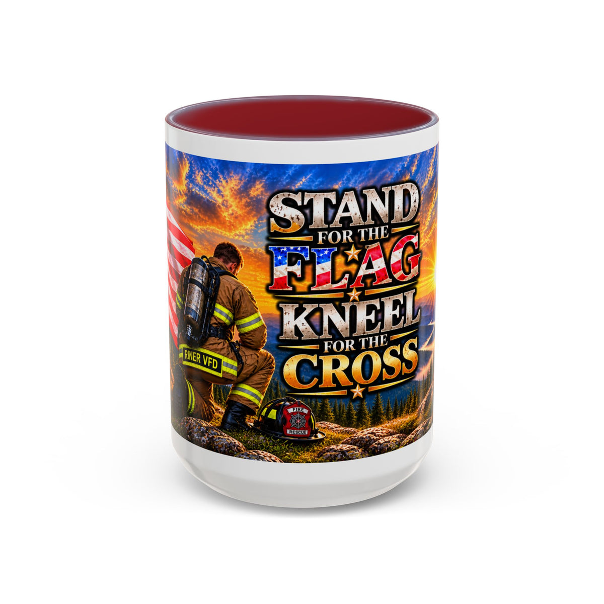 Riner_Firefighter_Stand for the Flag, Kneel for the Cross Coffee Mug_WM