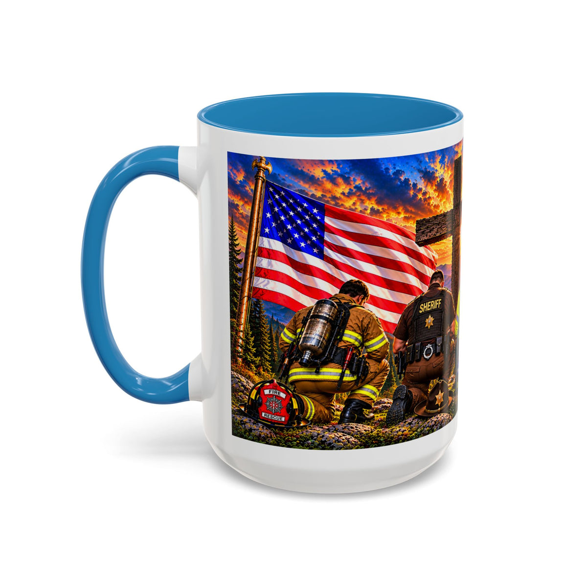 Stand for the Flag, Kneel for the Cross Accent Coffee Mug — Sheriff, Firefighter, EMS & 9-1-1 Telecommunicator 15oz