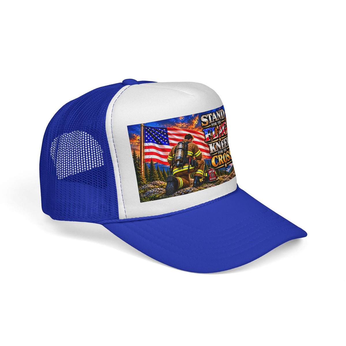 Firefighter_Trucker Cap — "Stand for the Flag, Kneel for the Cross" Patriotic Firefighter Mesh Hat
