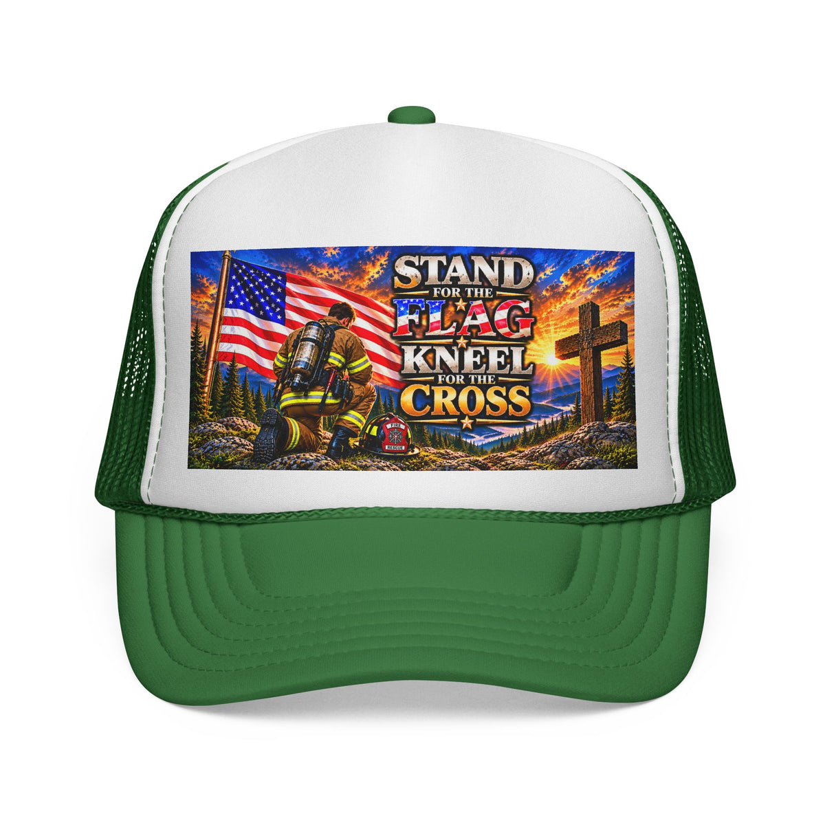 Firefighter_Trucker Cap — "Stand for the Flag, Kneel for the Cross" Patriotic Firefighter Mesh Hat