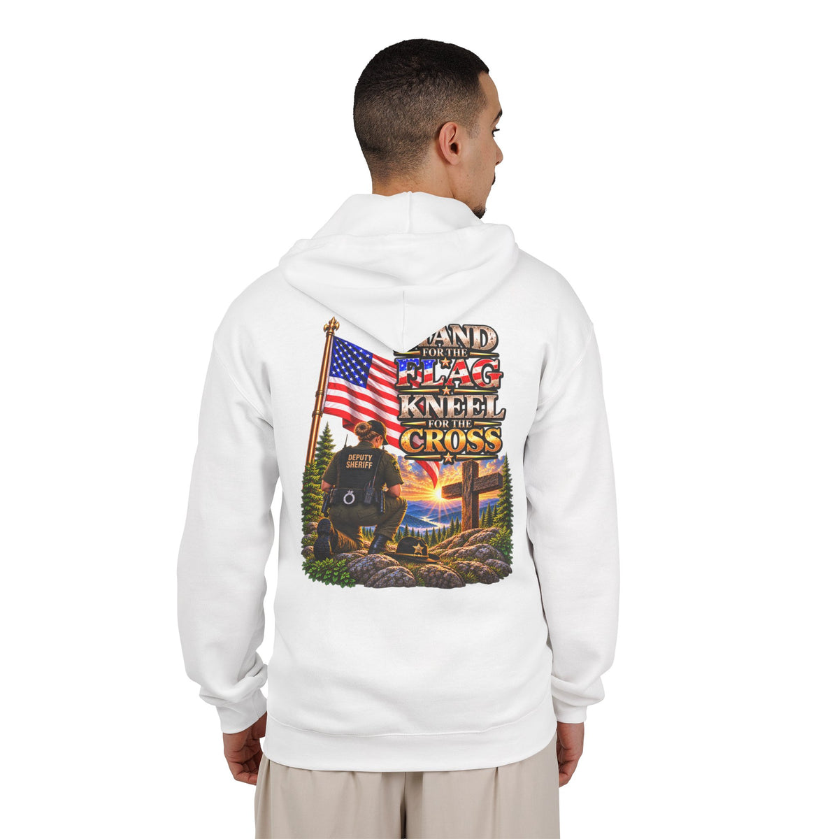 Deputy Flag & Cross Full-Zip Hoodie – American Flag, ‘Stand for the Flag and Kneel for the Cross’ Back Graphic_WF