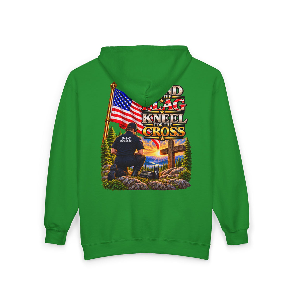 -1-1 Dispatcher_White Male_ Flag & Cross Full-Zip Hoodie – American Flag, ‘Stand & Kneel for the Cross’ Back Graphic_WF