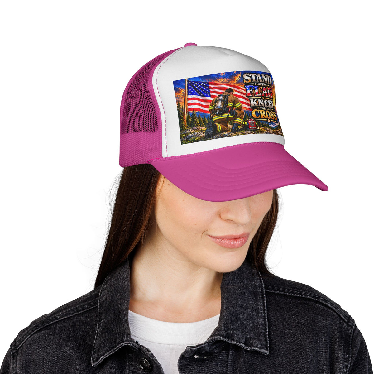 Firefighter_Trucker Cap — "Stand for the Flag, Kneel for the Cross" Patriotic Firefighter Mesh Hat