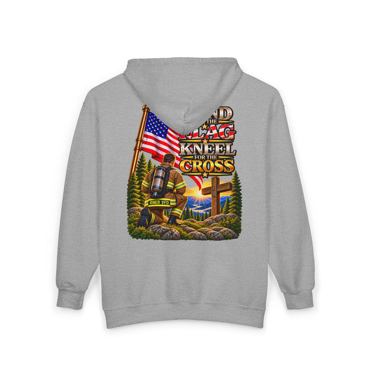 Riner VFD Firefighter Stand for the Flag, Kneel for the Cross - Hoodie_WM