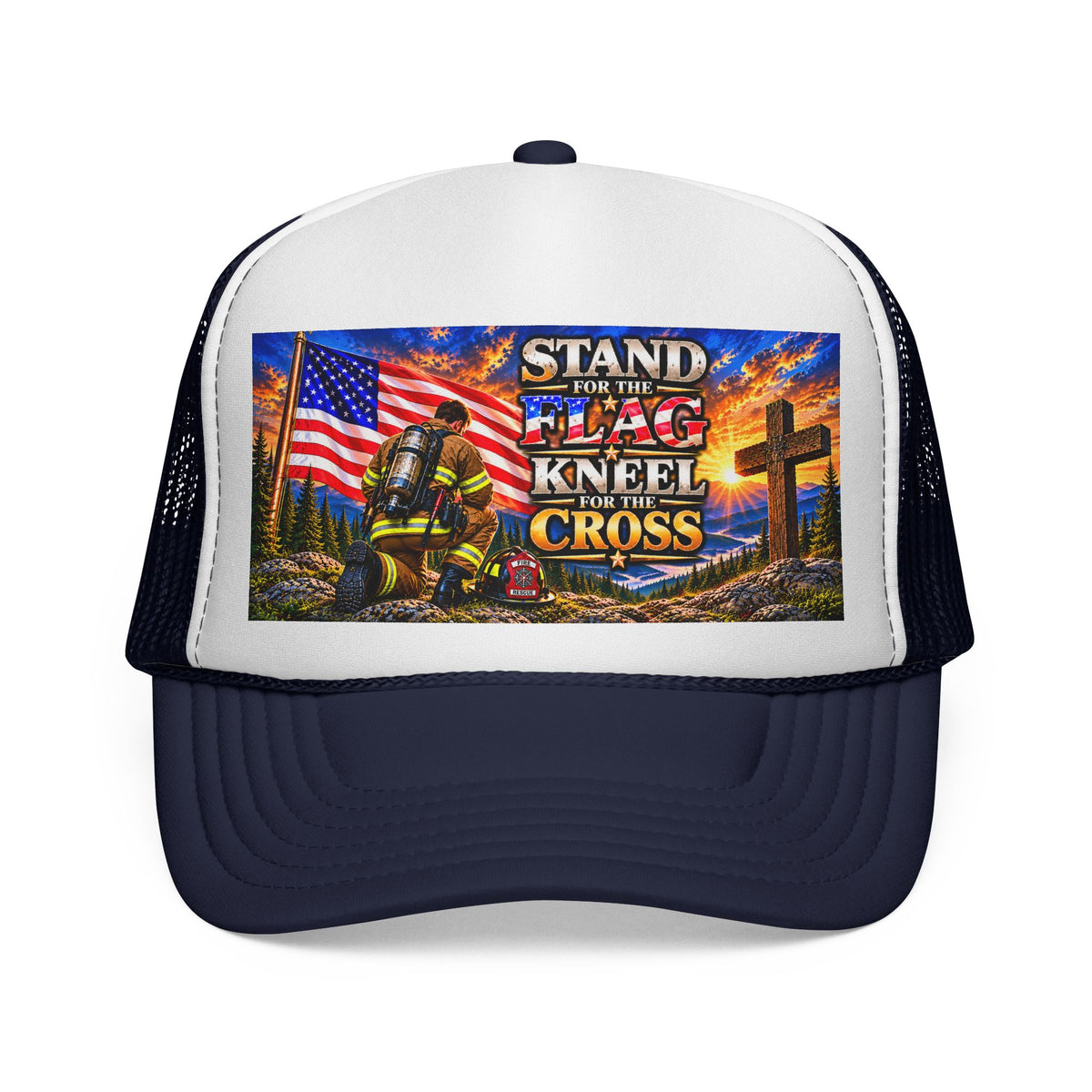 Firefighter_Trucker Cap — "Stand for the Flag, Kneel for the Cross" Patriotic Firefighter Mesh Hat