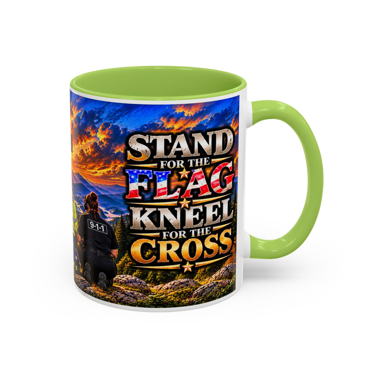 Stand for the Flag, Kneel for the Cross Accent Coffee Mug — Sheriff, Firefighter, EMS & 9-1-1 Telecommunicator 15oz