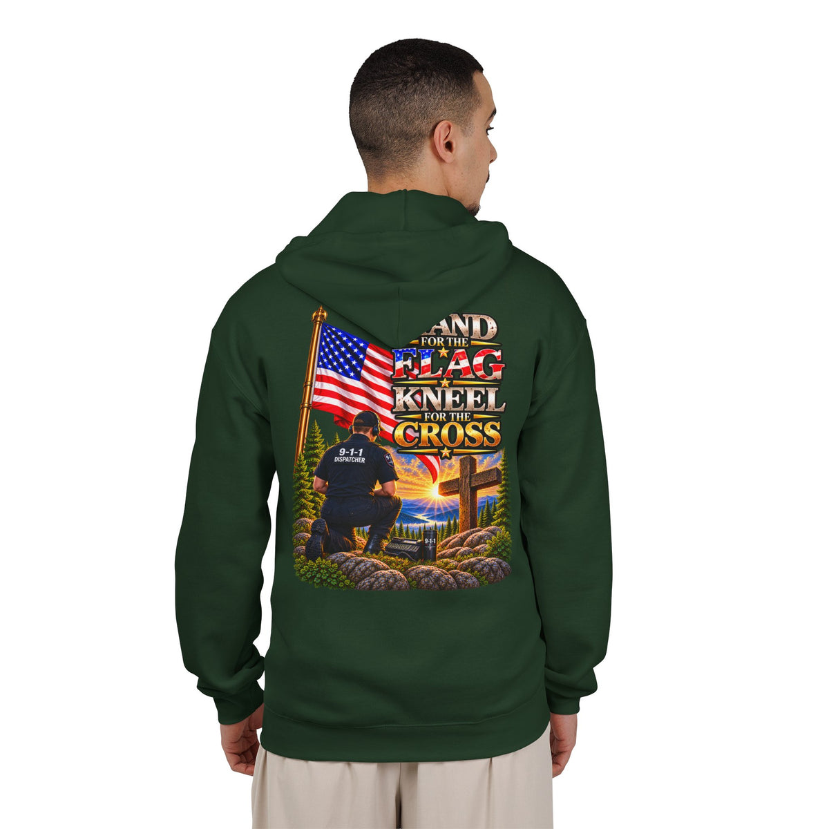 -1-1 Dispatcher_White Male_ Flag & Cross Full-Zip Hoodie – American Flag, ‘Stand & Kneel for the Cross’ Back Graphic_WF