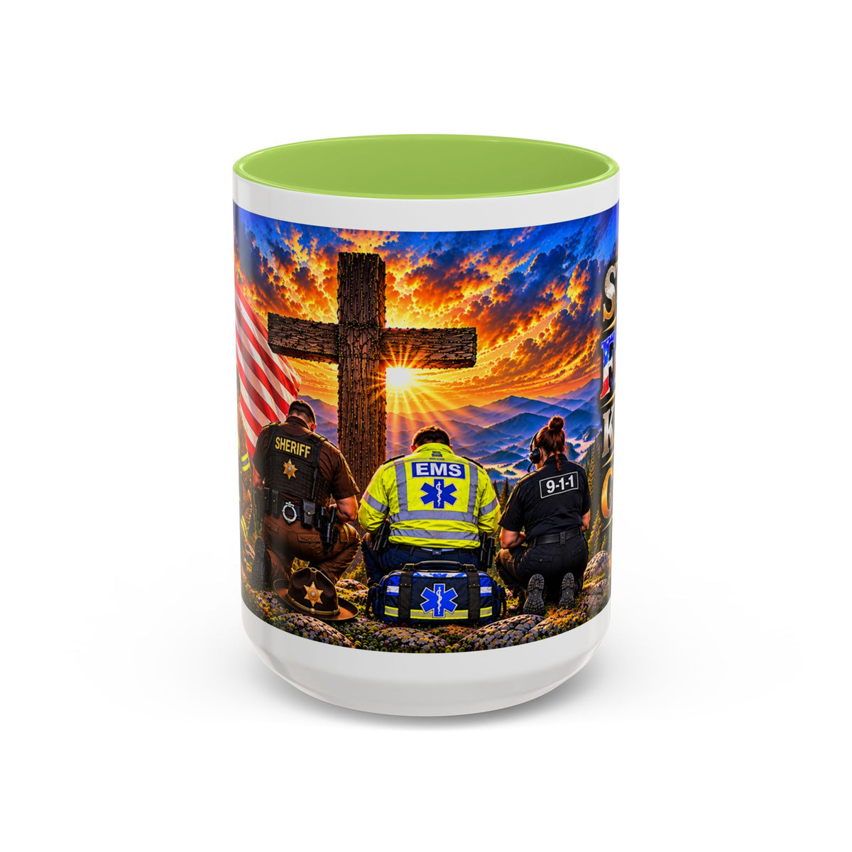 Stand for the Flag, Kneel for the Cross Accent Coffee Mug — Sheriff, Firefighter, EMS & 9-1-1 Telecommunicator 15oz