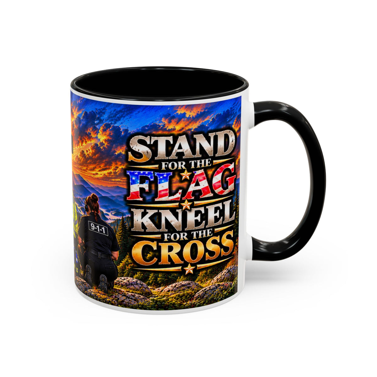 Stand for the Flag, Kneel for the Cross Accent Coffee Mug — Sheriff, Firefighter, EMS & 9-1-1 Telecommunicator 15oz