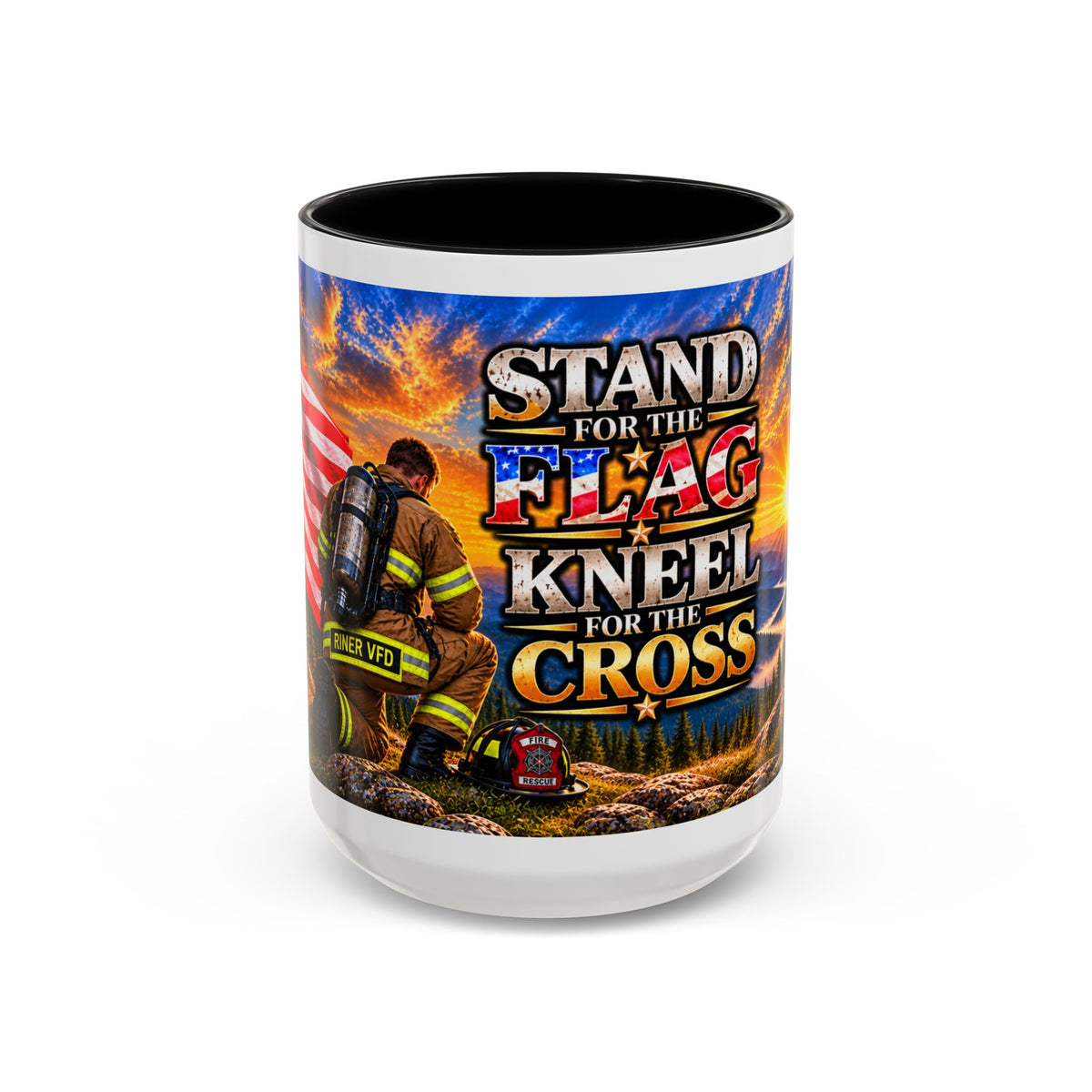 Riner_Firefighter_Stand for the Flag, Kneel for the Cross Coffee Mug_WM