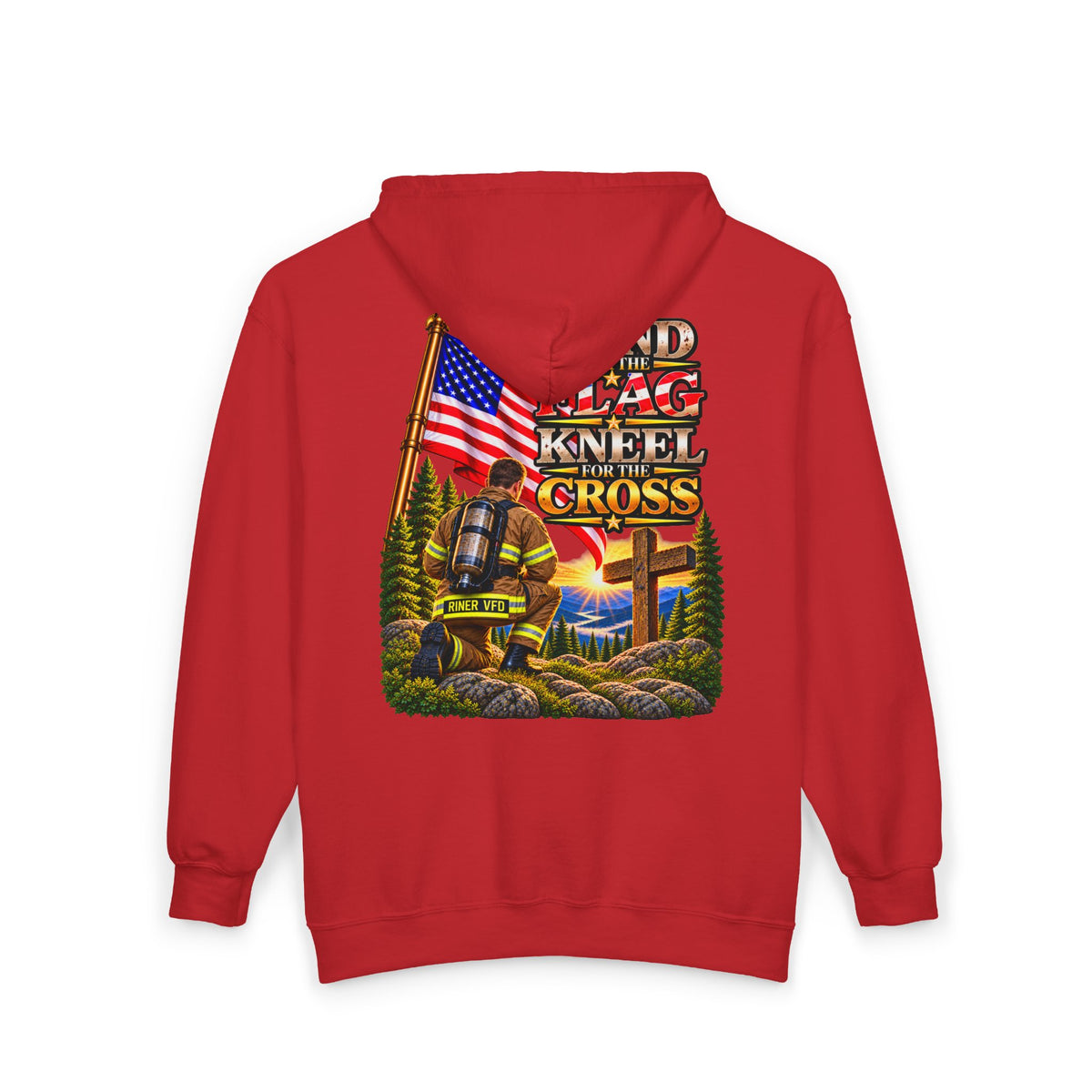 Riner VFD Firefighter Stand for the Flag, Kneel for the Cross - Hoodie_WM