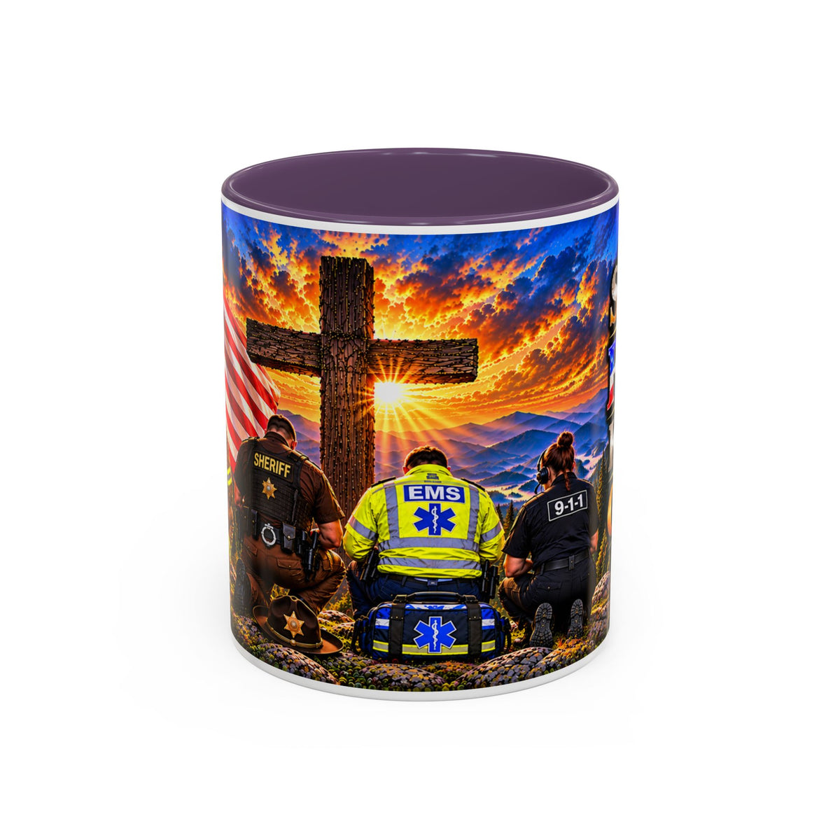 Stand for the Flag, Kneel for the Cross Accent Coffee Mug — Sheriff, Firefighter, EMS & 9-1-1 Telecommunicator 15oz