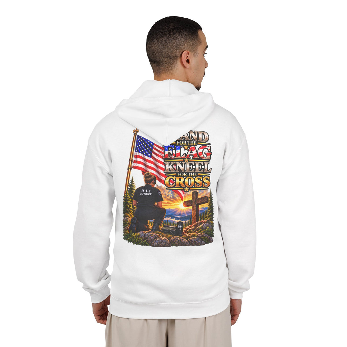 9-1-1 Dispatcher Flag & Cross Full-Zip Hoodie – American Flag, ‘Stand & Kneel for the Cross’ Back Graphic_WF
