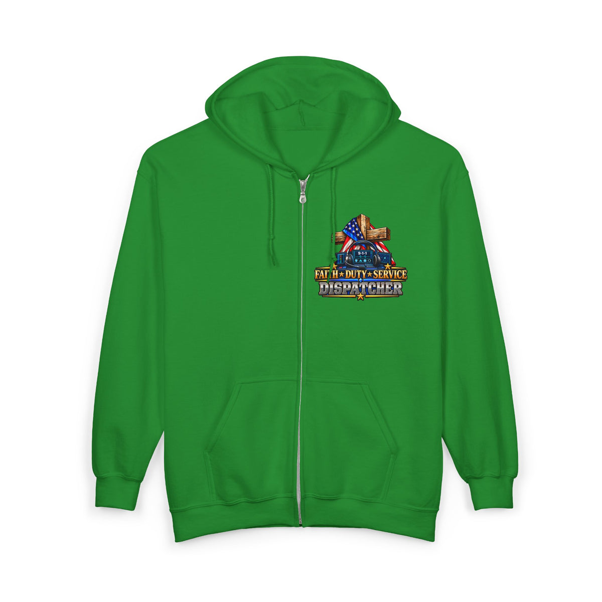 -1-1 Dispatcher_White Male_ Flag & Cross Full-Zip Hoodie – American Flag, ‘Stand & Kneel for the Cross’ Back Graphic_WF