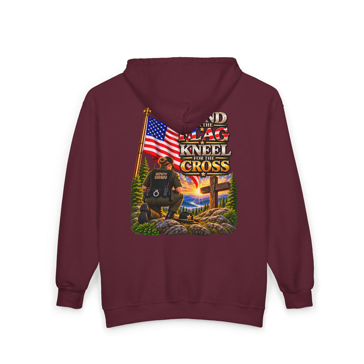 Deputy Flag & Cross Full-Zip Hoodie – American Flag, ‘Stand for the Flag and Kneel for the Cross’ Back Graphic_WF